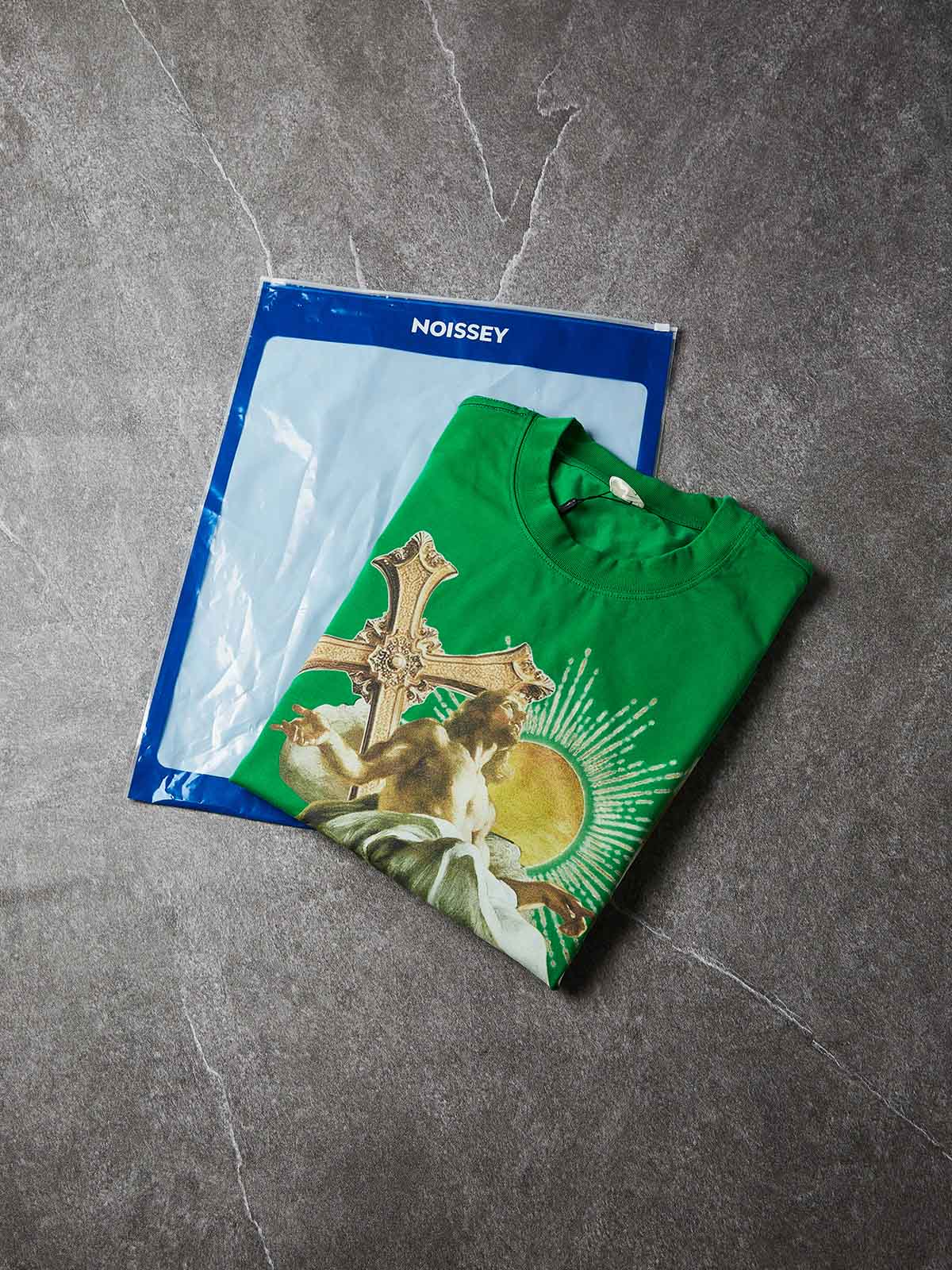 NOISSEY "Heavenly Light" Green Tee - Boxy Religion Graphic T-Shirt