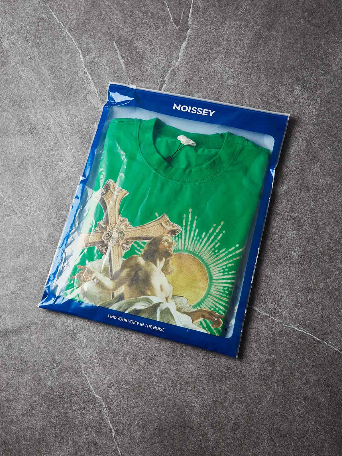 NOISSEY "Heavenly Light" Green Tee - Boxy Religion Graphic T-Shirt