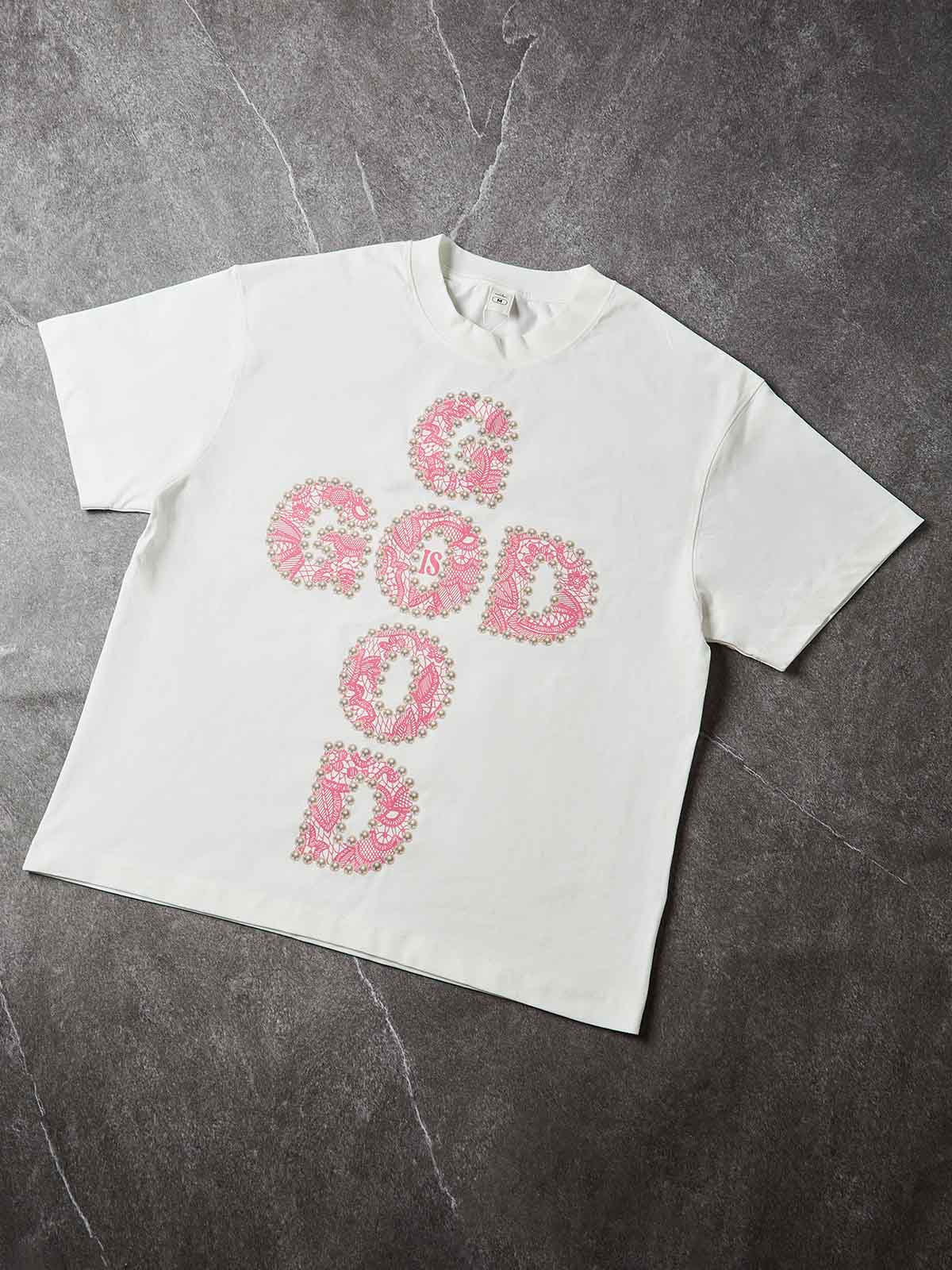 GOD IS GOOD! Lace Pearl Edge Printed T-shirt