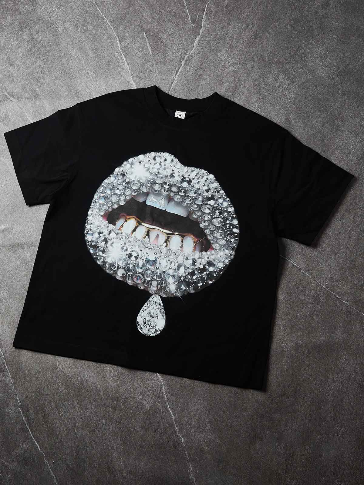 NOISSEY Premium Grey Diamond Lip T-Shirt - Phantom Black 350G Heavyweight Oversized Fit
