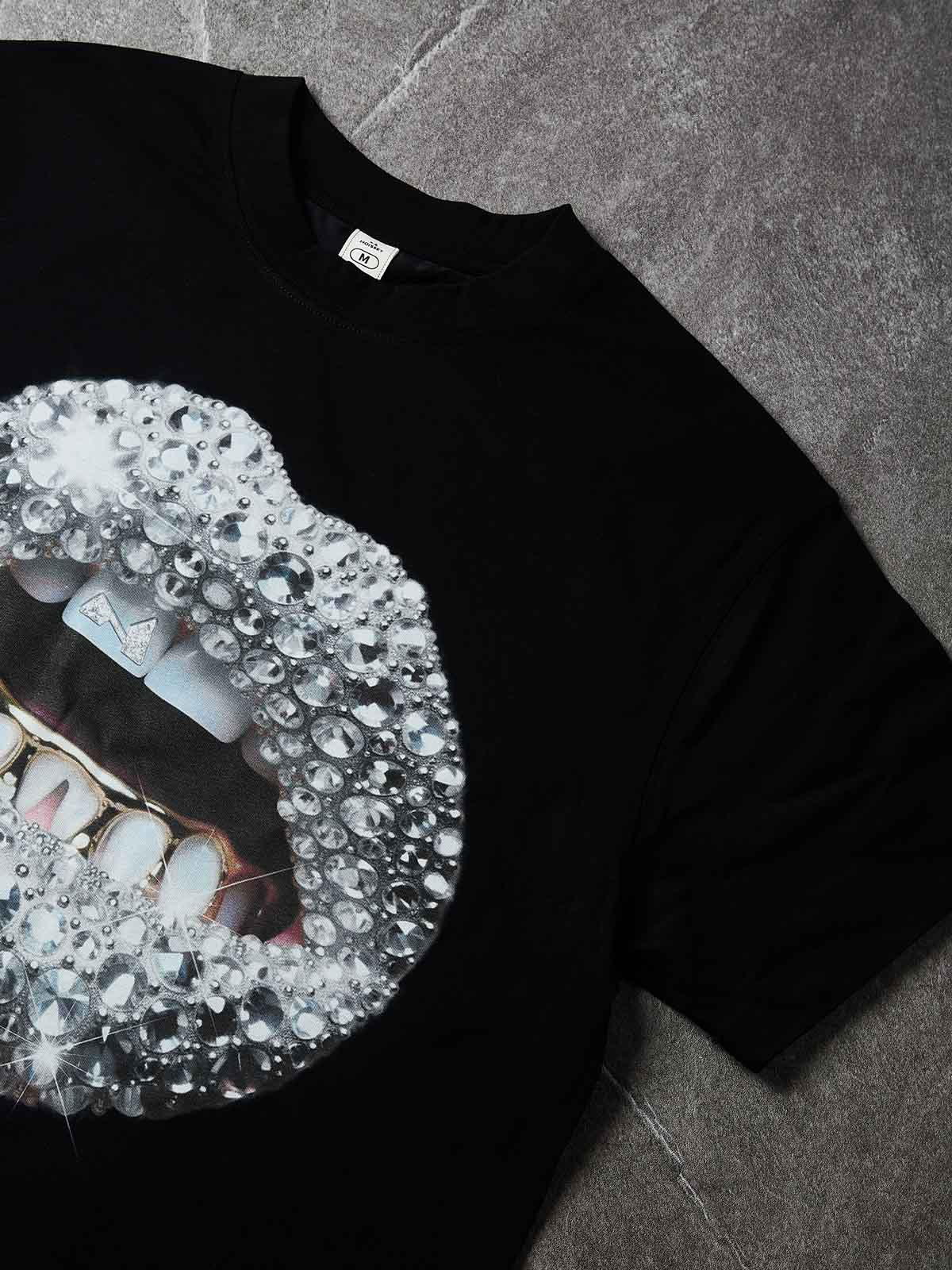 NOISSEY Premium Grey Diamond Lip T-Shirt - Phantom Black 350G Heavyweight Oversized Fit