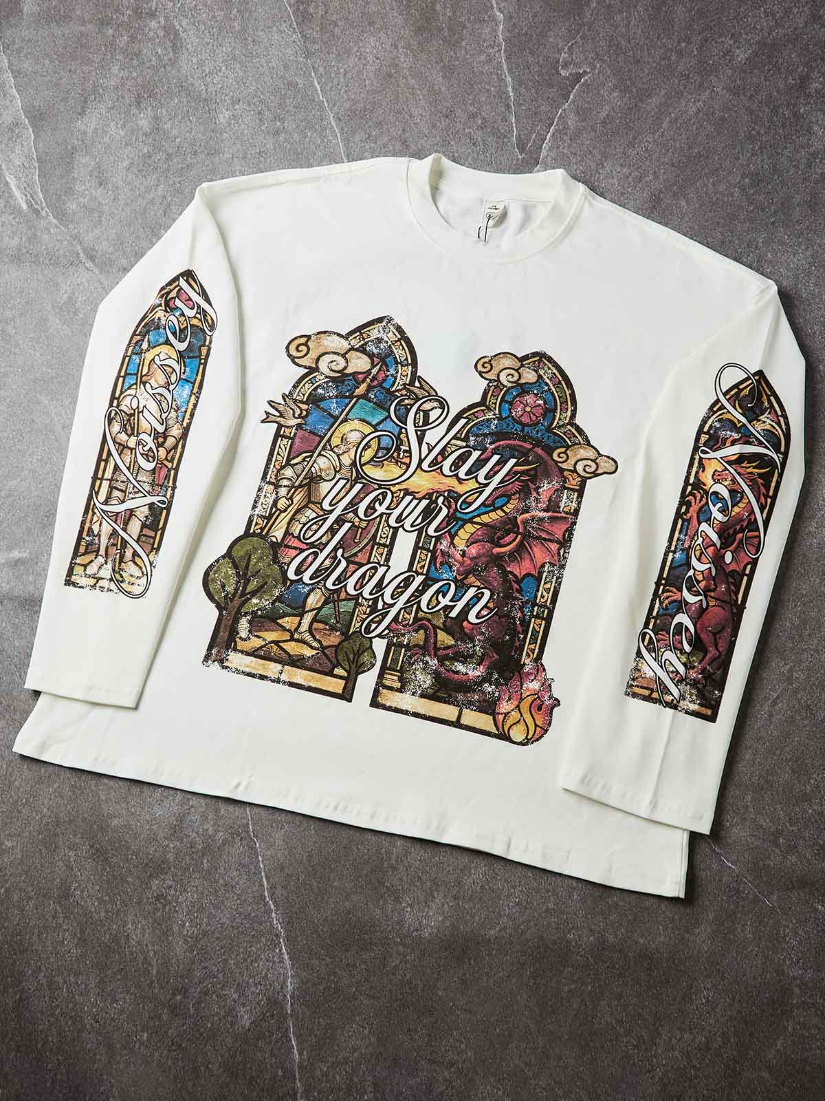 NOISSEY "Slay Your Dragon" White Long-Sleeve - Stained Glass Graphic