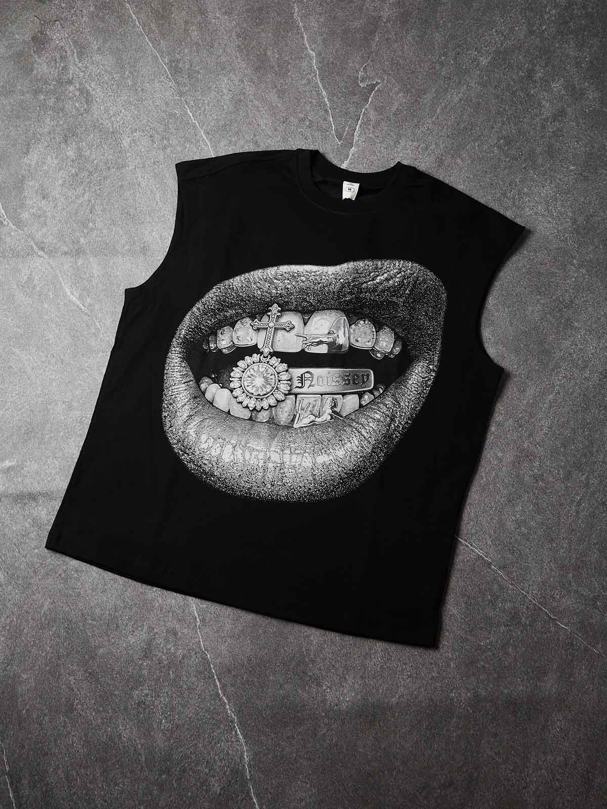 NOISSEY "Iced Grillz" Lip Graphic Boxy Vest (DIY Necklace) - Black Tank Top