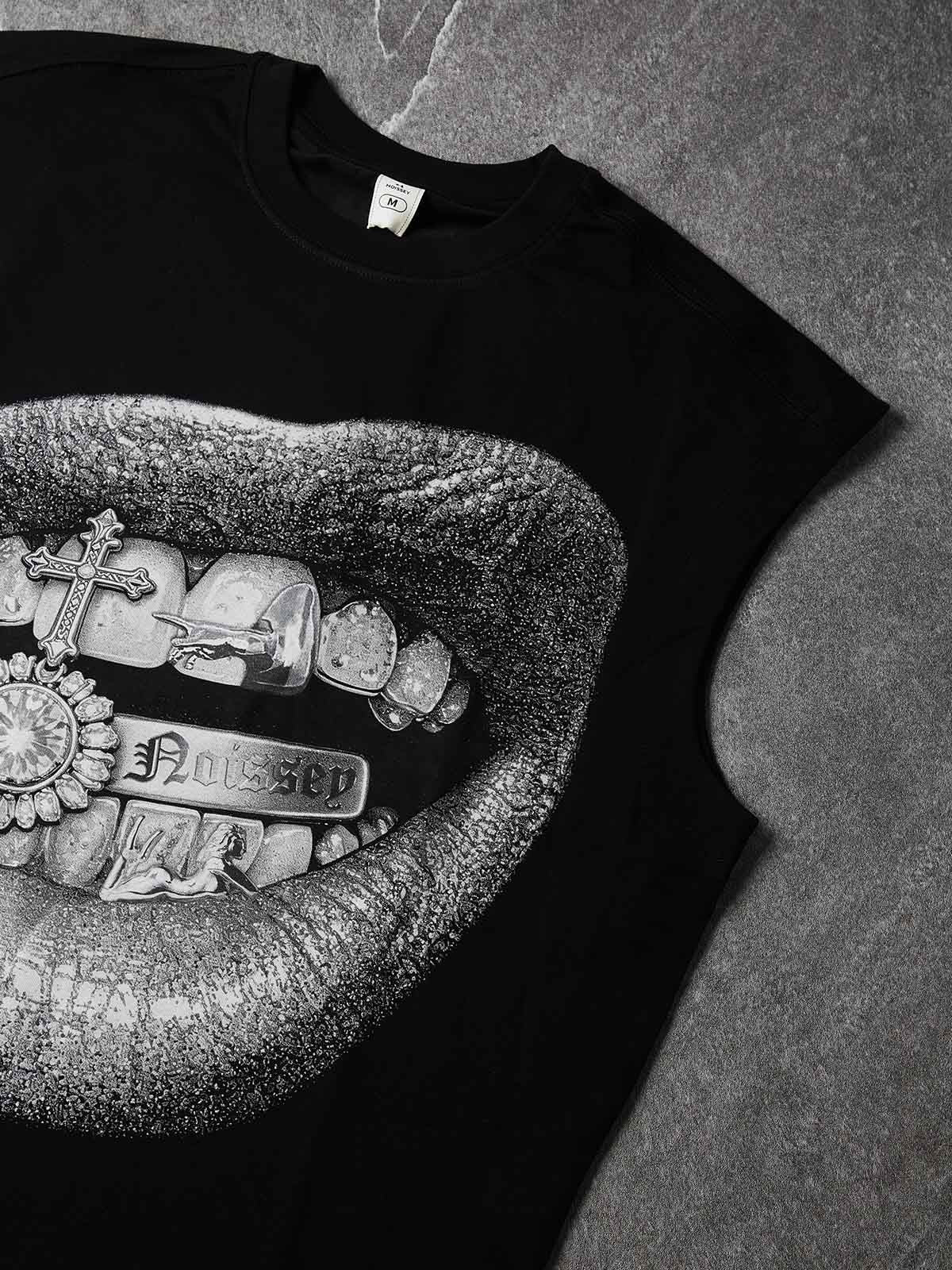 NOISSEY "Iced Grillz" Lip Graphic Boxy Vest (DIY Necklace) - Black Tank Top
