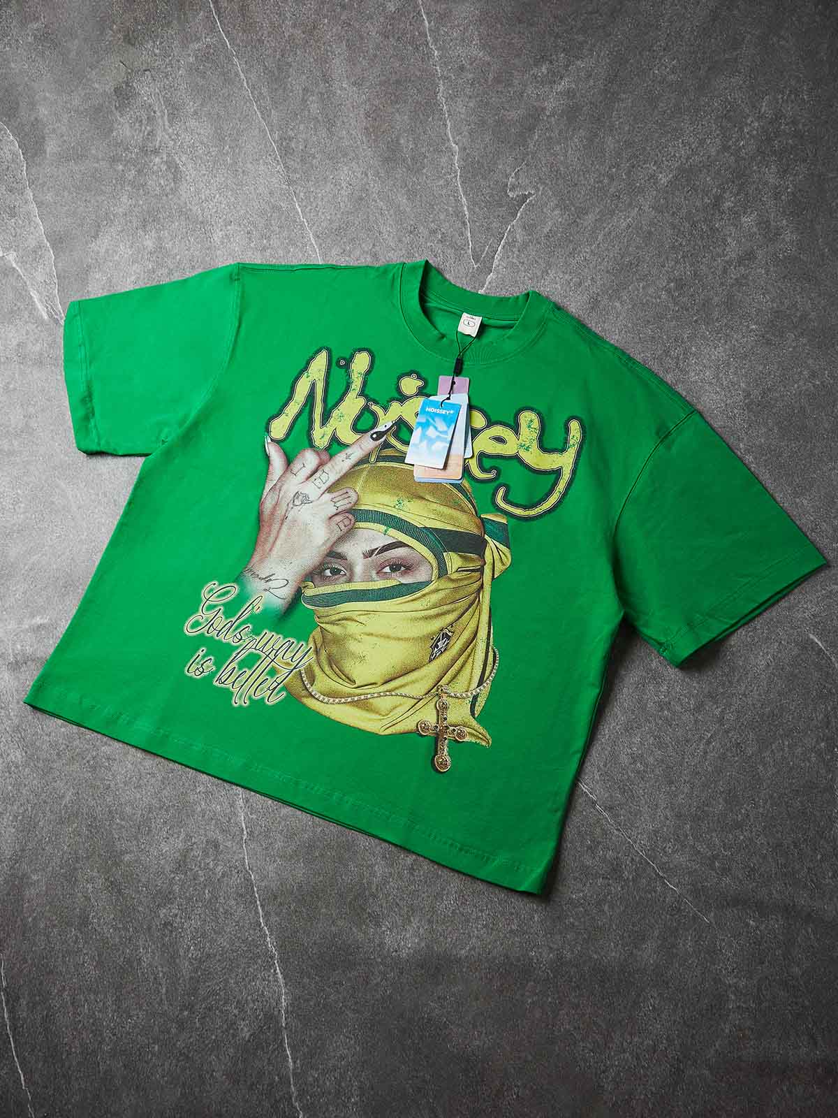 NOISSEY "God's Way" Masked Graphic Tee - Vibrant Street Green