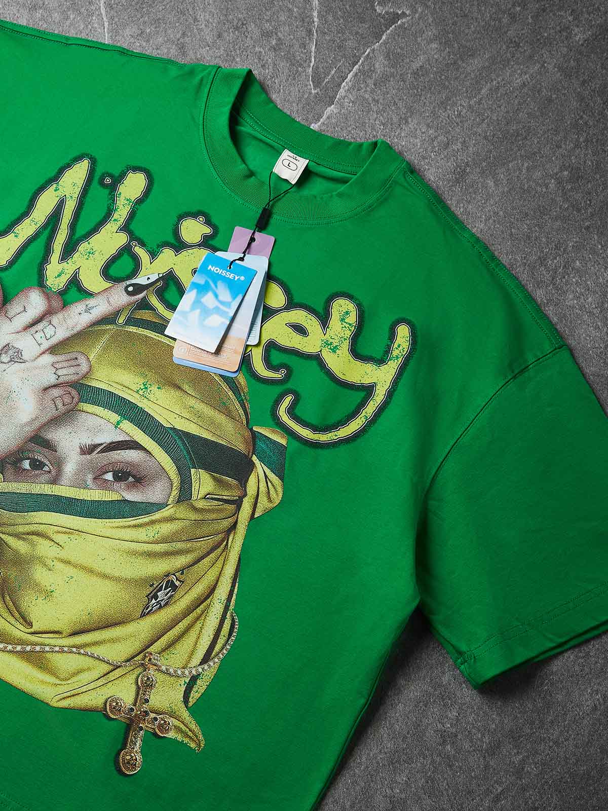 NOISSEY "God's Way" Masked Graphic Tee - Vibrant Street Green