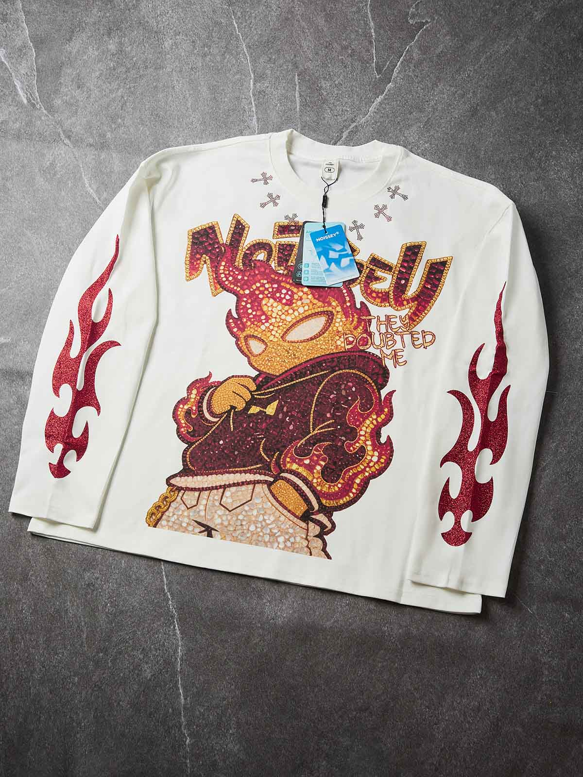 NOISSEY "They Doubted Me" Iced-Out Character Graphic Long Sleeve - Studio White