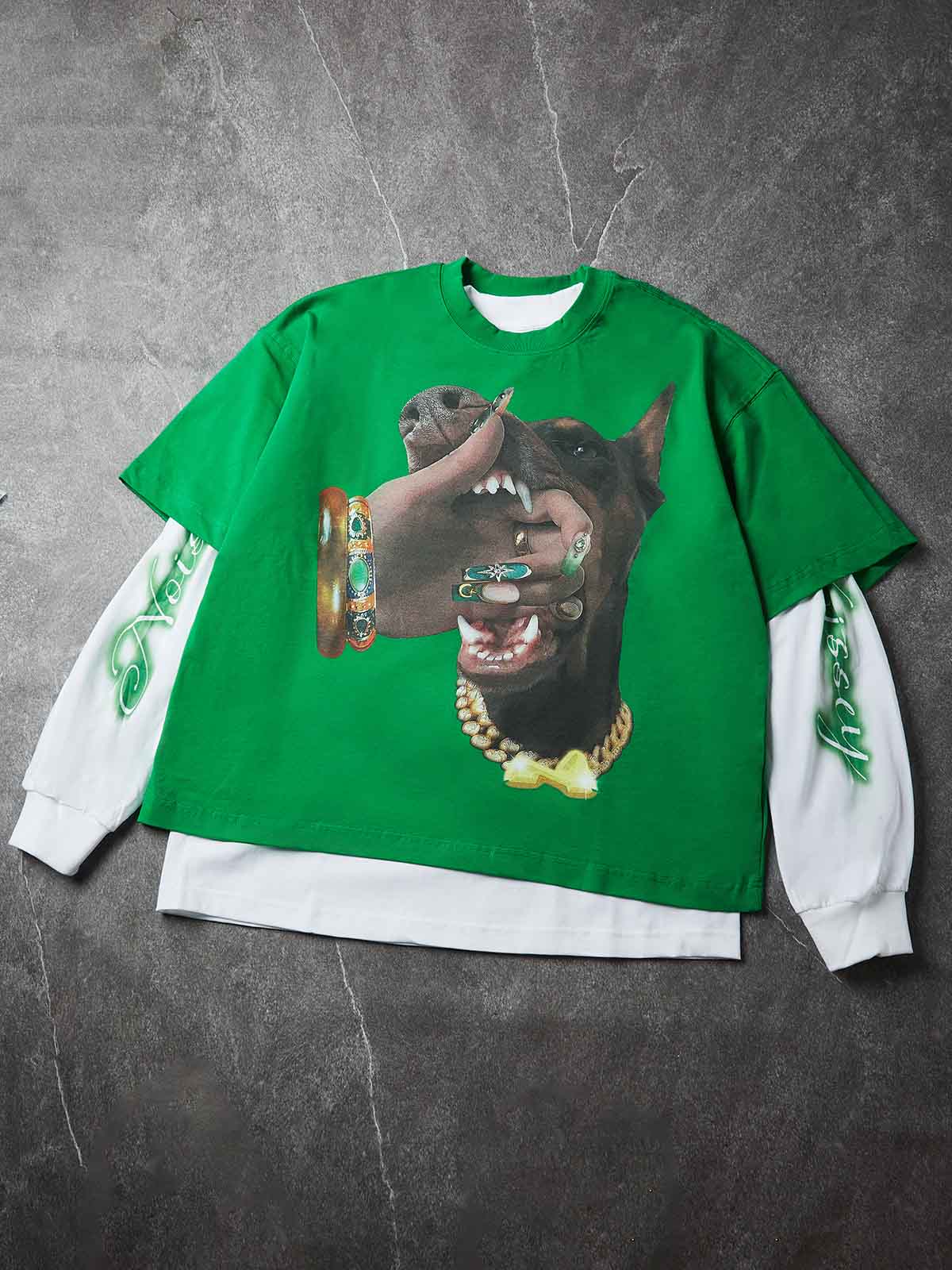 NOISSEY "Cyber Doberman" Double-Sleeve Graphic Sweatshirt - Vibrant Green