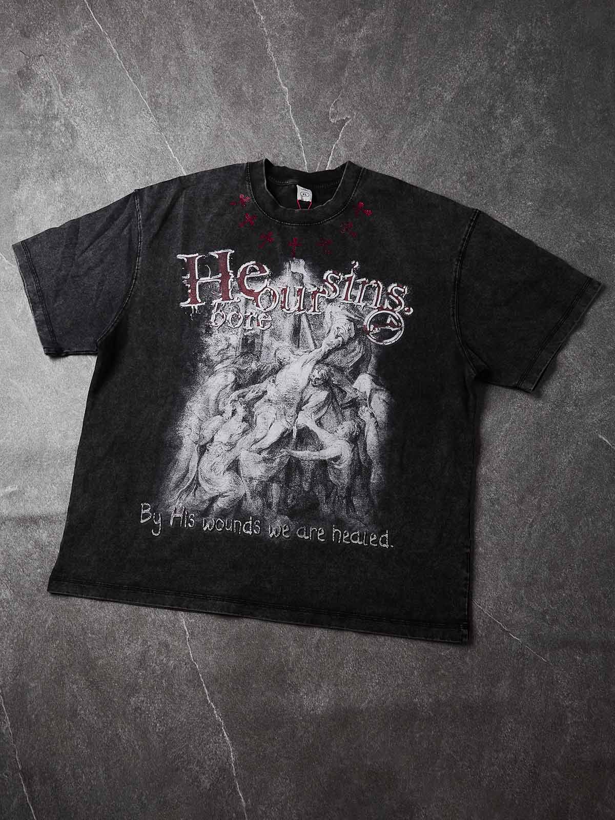 NOISSEY "He Bore Our Sins" Graphic Tee - Vintage Acid Wash Black