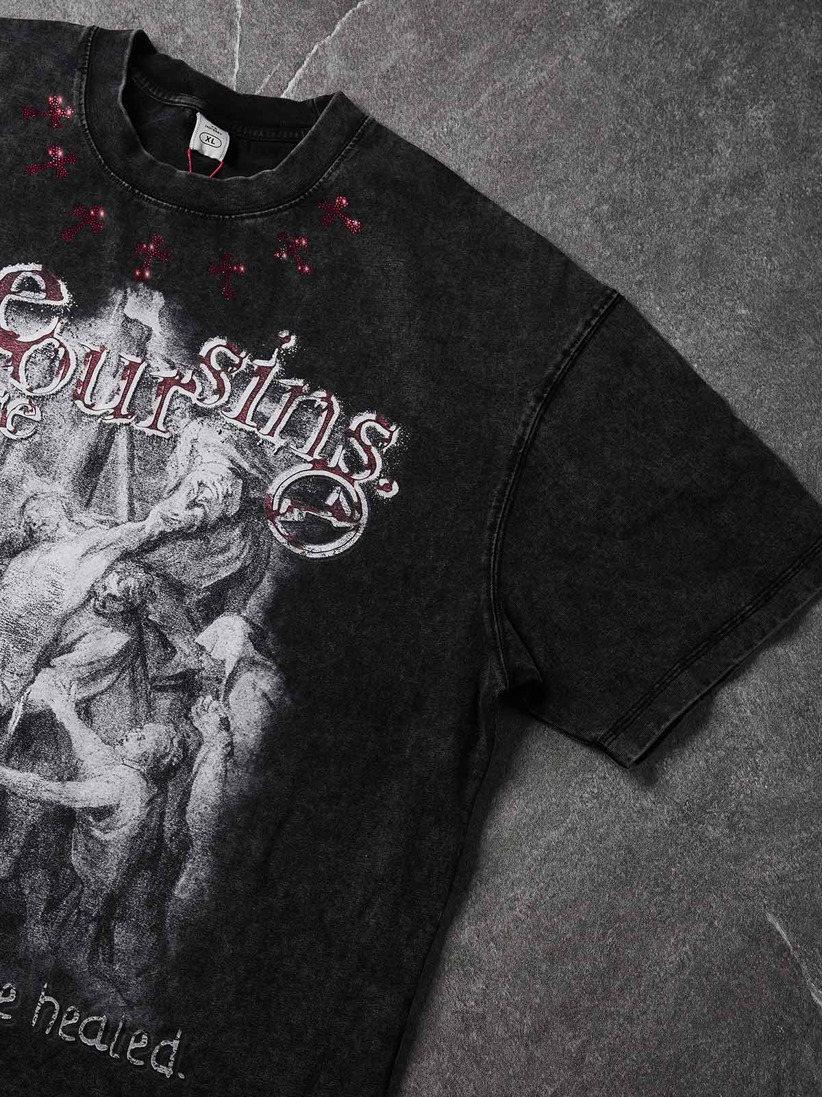 NOISSEY "He Bore Our Sins" Graphic Tee - Vintage Acid Wash Black