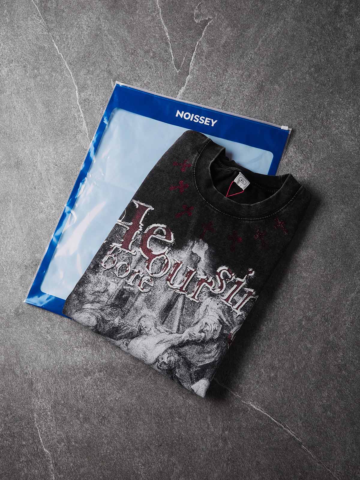 NOISSEY "He Bore Our Sins" Graphic Tee - Vintage Acid Wash Black