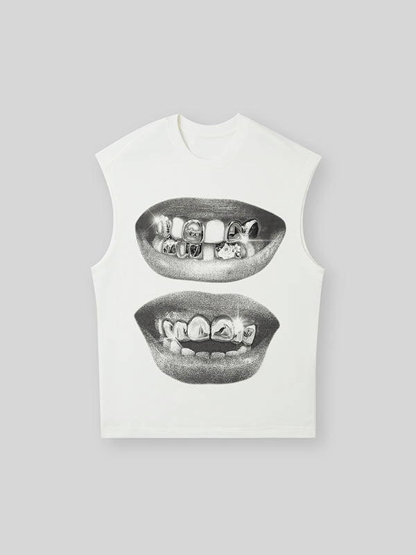 Retro Black Lips Grills Print Round Neck Tank Top