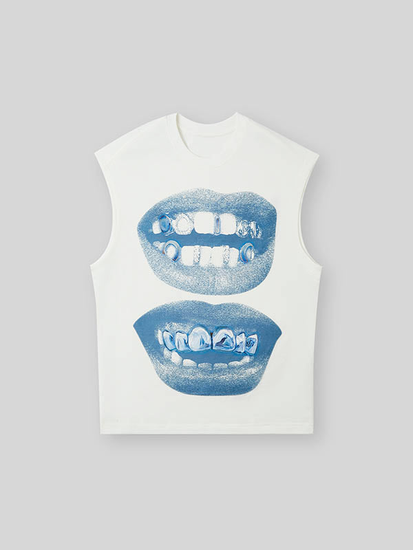 BOUNCE BACK© Retro Blue Lips Grills Print Round Neck Tank Top