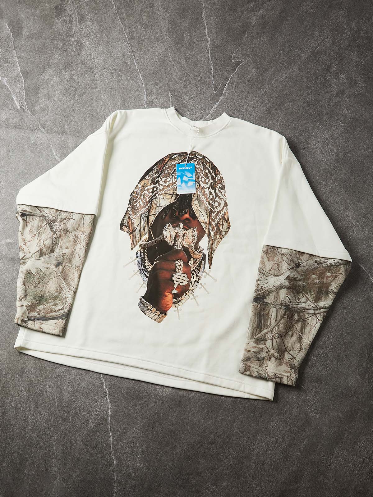 NOISSEY "Underground Vibe" Camo Panel Rap Graphic Sweatshirt - Off-White