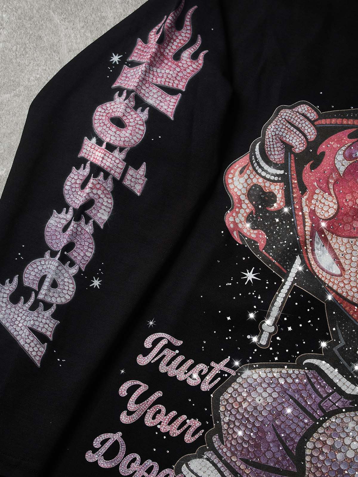NOISSEY "Flame Kid" Pink-Purple Full-Rhinestone Long Sleeve - Heavyweight Black