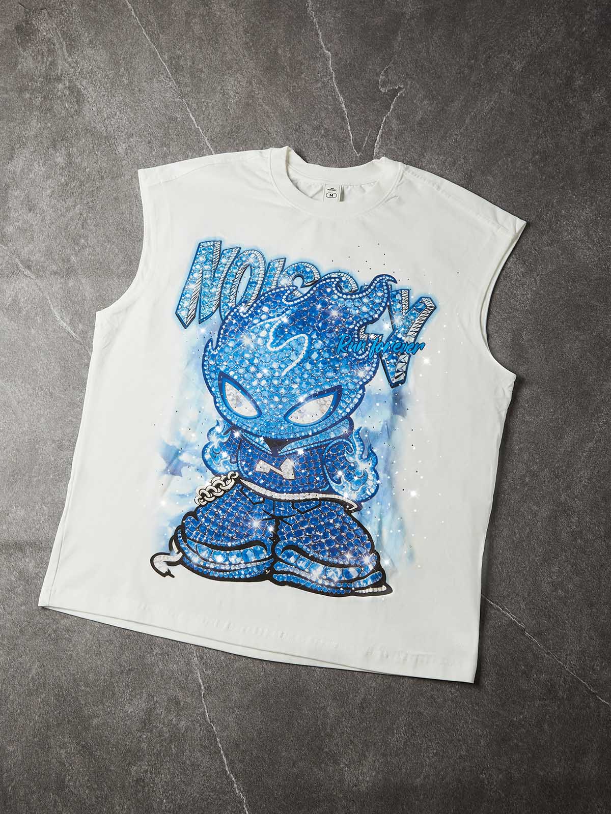 NOISSEY "Blue Ice Flame" Iced-Out Character Tank Top - Heavyweight White