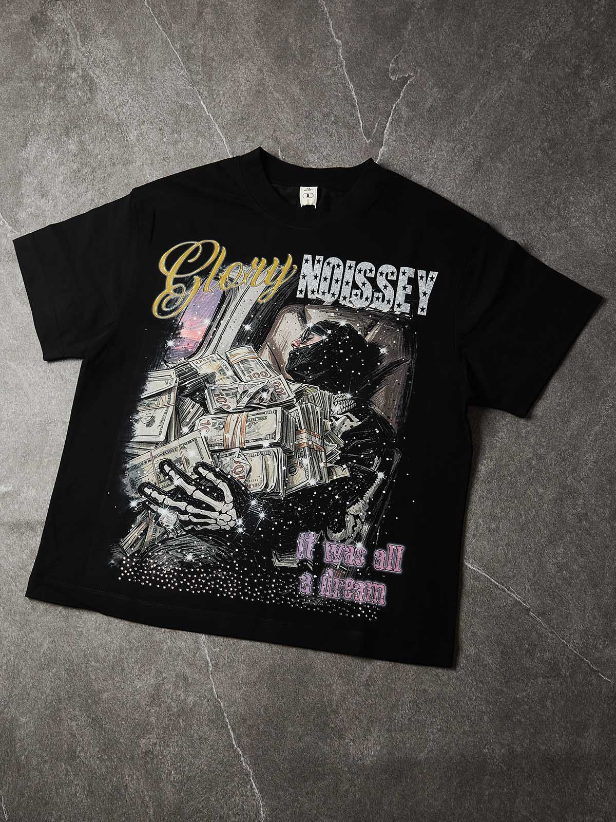 NOISSEY "Glory Dream" Private Jet Cash Skeleton Rhinestone Oversized Tee
