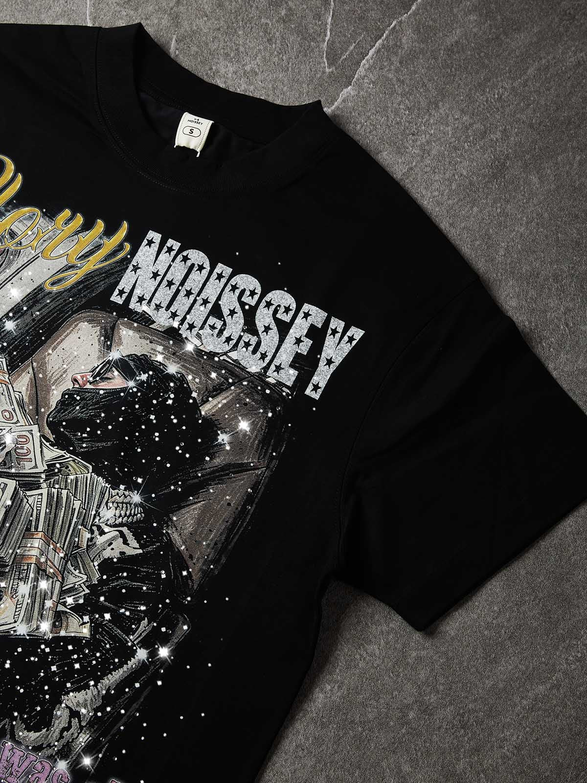 NOISSEY "Glory Dream" Private Jet Cash Skeleton Rhinestone Oversized Tee