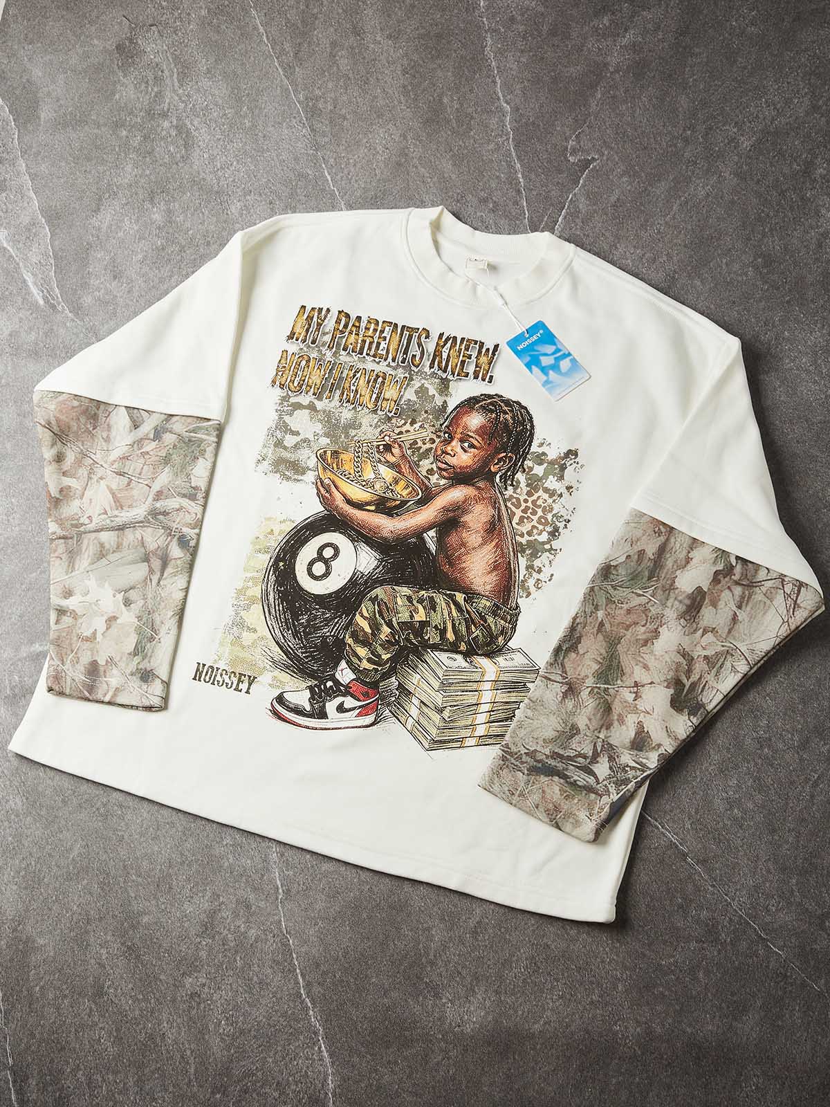 NOISSEY "Legacy Knowledge" Woodland Camo Layered Child Portrait Heavyweight Sweatshirt