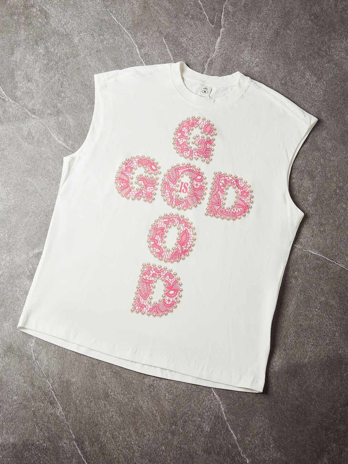 NOISSEY GOD IS GOOD! Lace Pearl Edge Print Tank Top