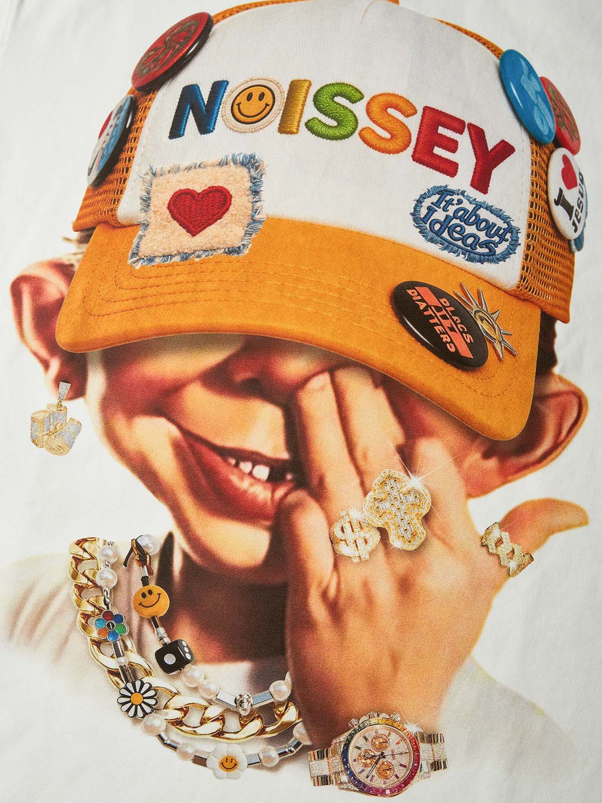 NOISSEY "Patchwork Bad Boy" Shimmering Jewelry Badge Cap Cartoon Portrait Oversized Tee