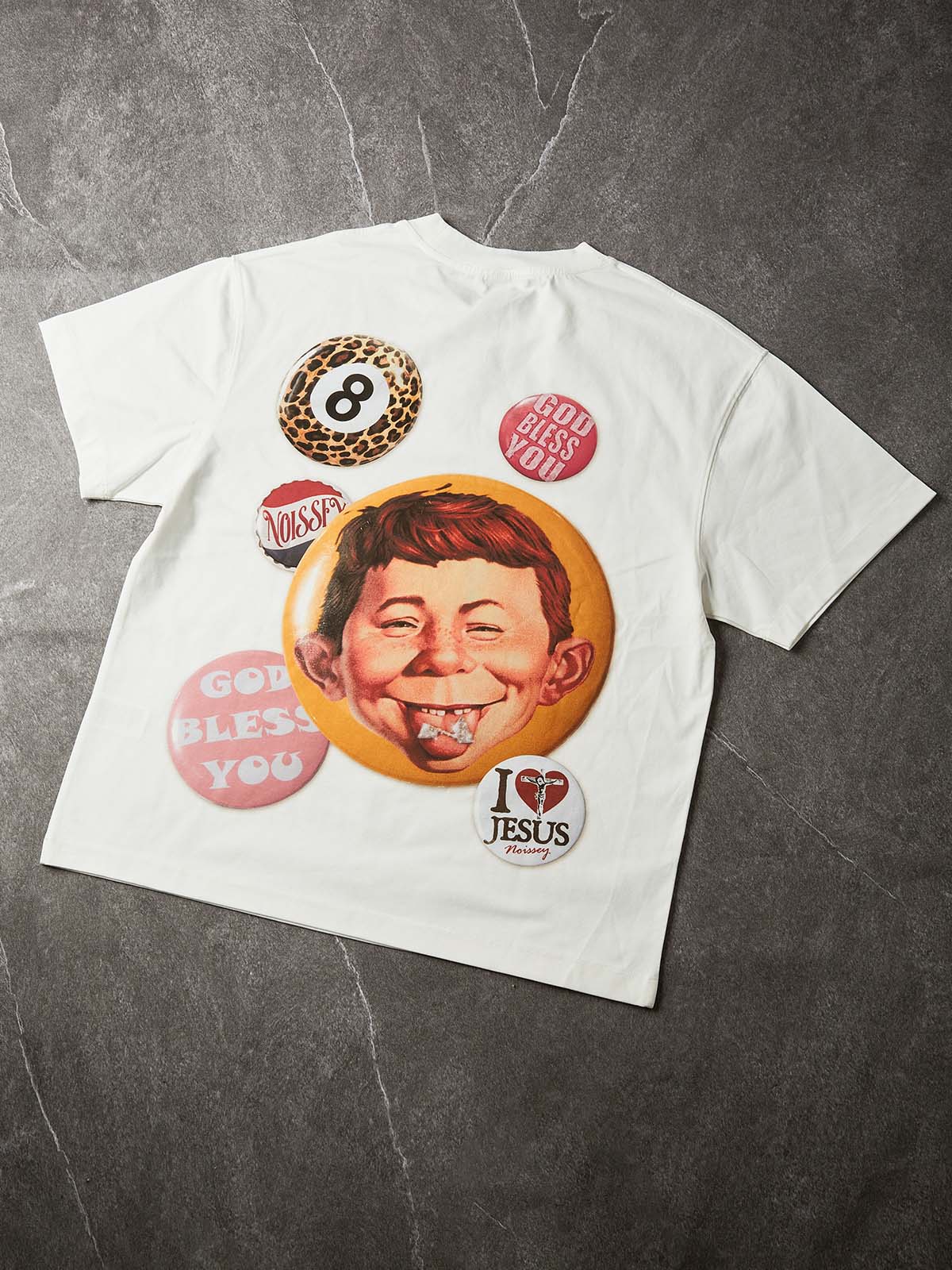NOISSEY "Patchwork Bad Boy" Shimmering Jewelry Badge Cap Cartoon Portrait Oversized Tee