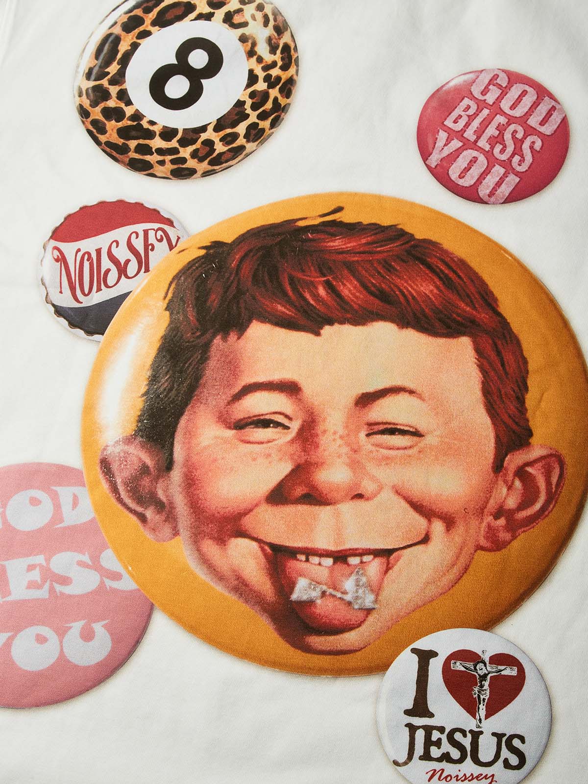 NOISSEY "Patchwork Bad Boy" Shimmering Jewelry Badge Cap Cartoon Portrait Oversized Tee