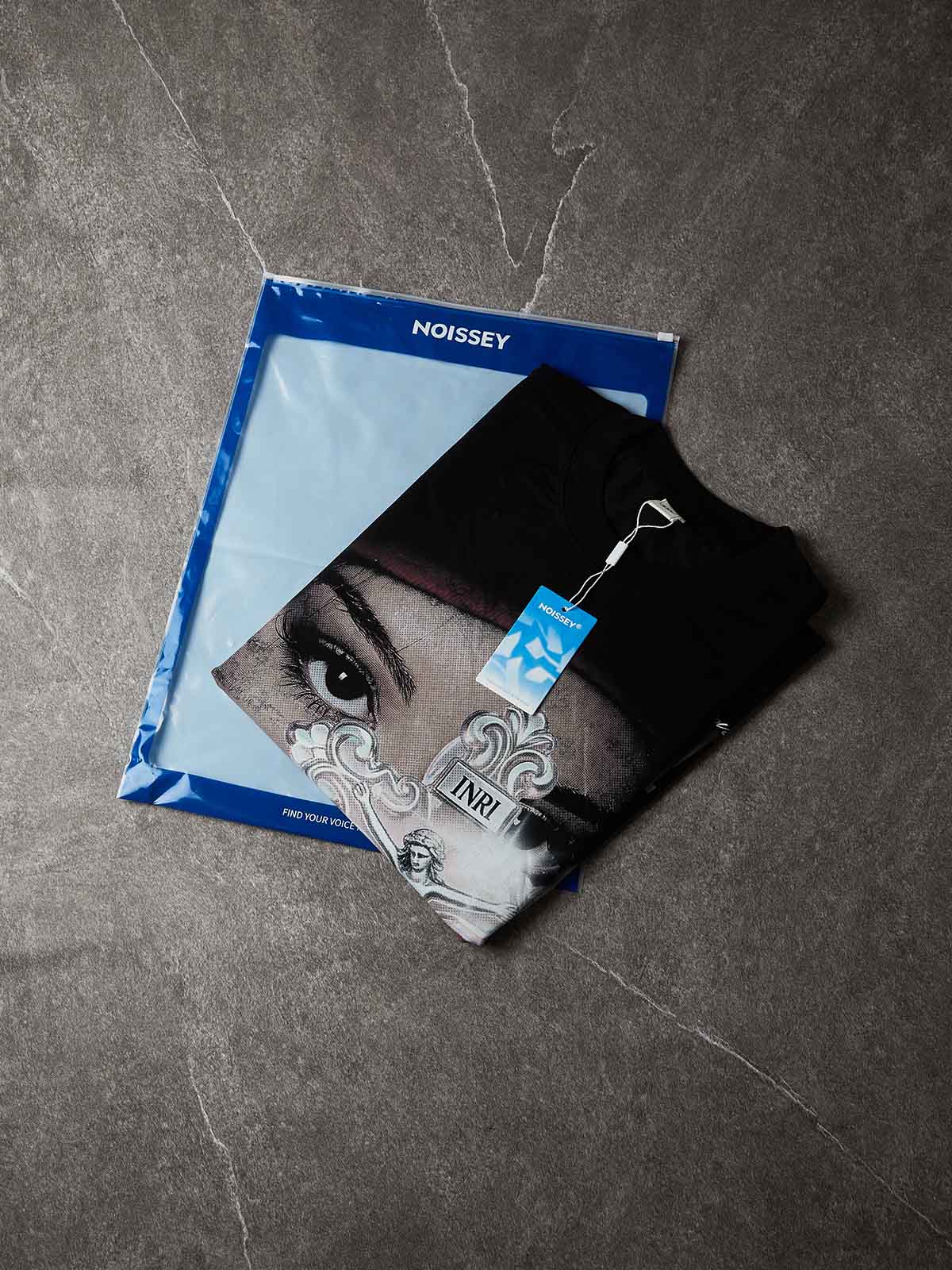 NOISSEY "Sacred Trap" Iridescent Crystal Jesus Rosary Portrait Distressed Boxy Tee