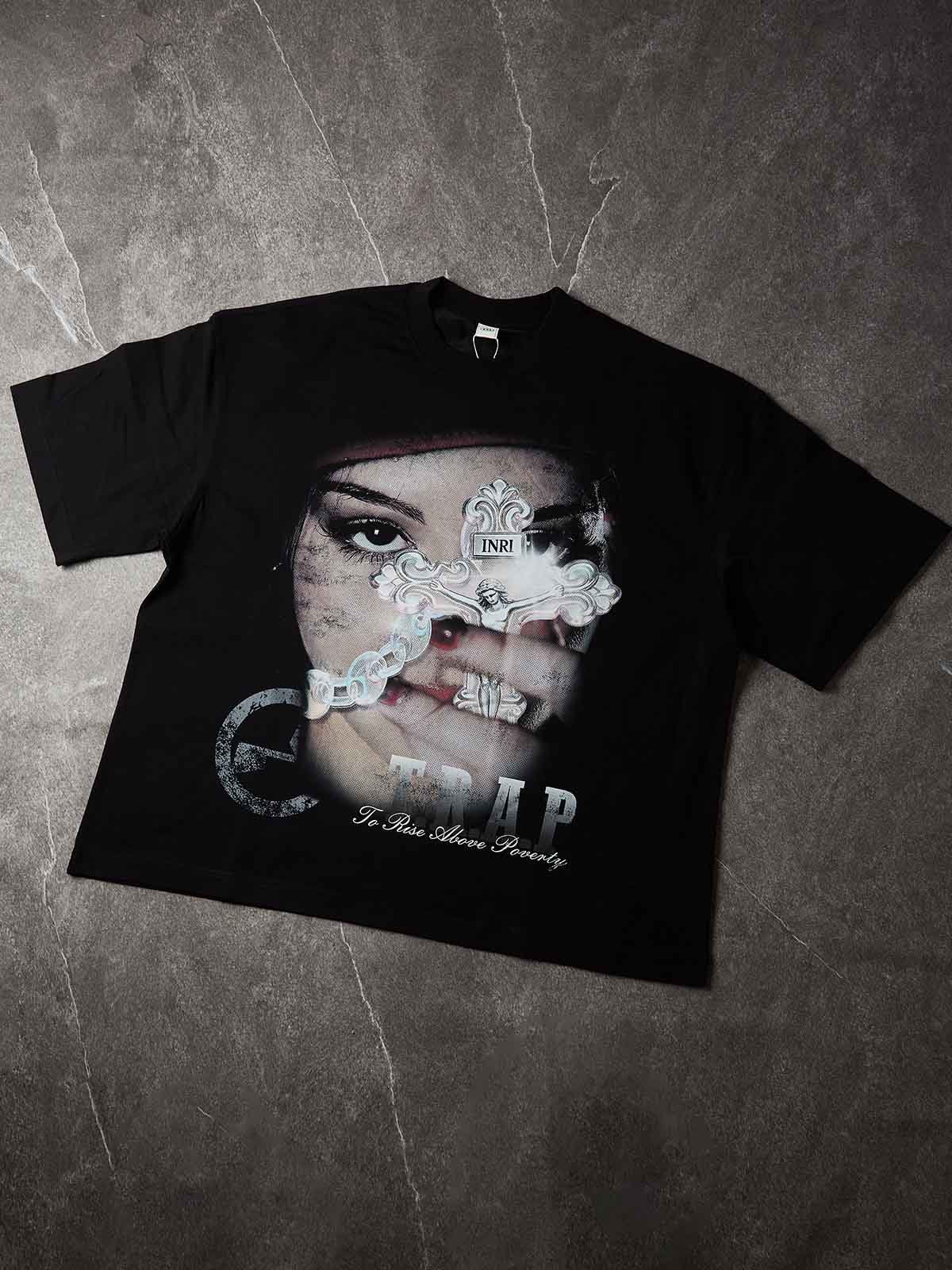 NOISSEY "Sacred Trap" Iridescent Crystal Jesus Rosary Portrait Distressed Boxy Tee