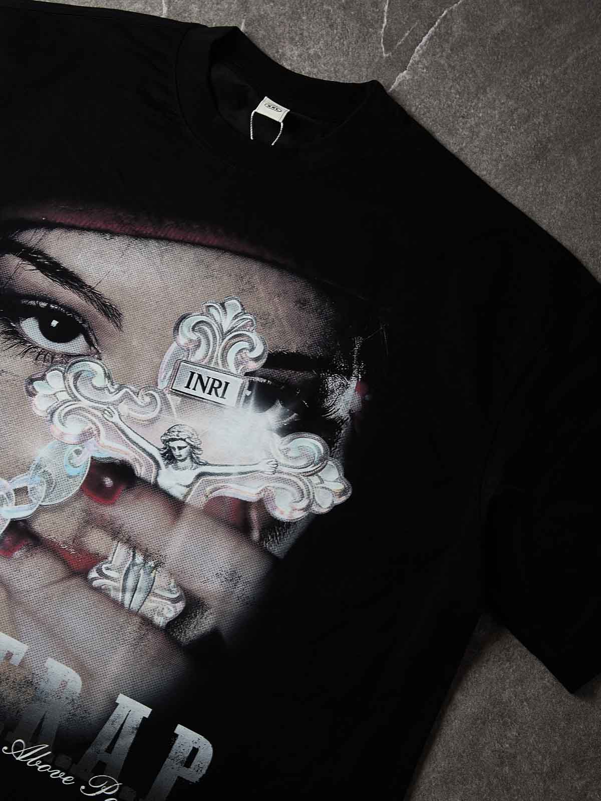 NOISSEY "Sacred Trap" Iridescent Crystal Jesus Rosary Portrait Distressed Boxy Tee