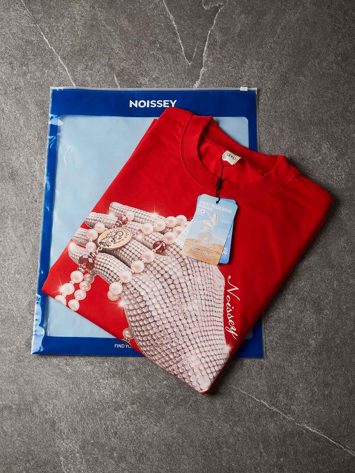 NOISSEY "Devotion Globe" Iced-Out Rhinestone Glove Sacred Pearl Rosary Heavyweight Boxy Tee