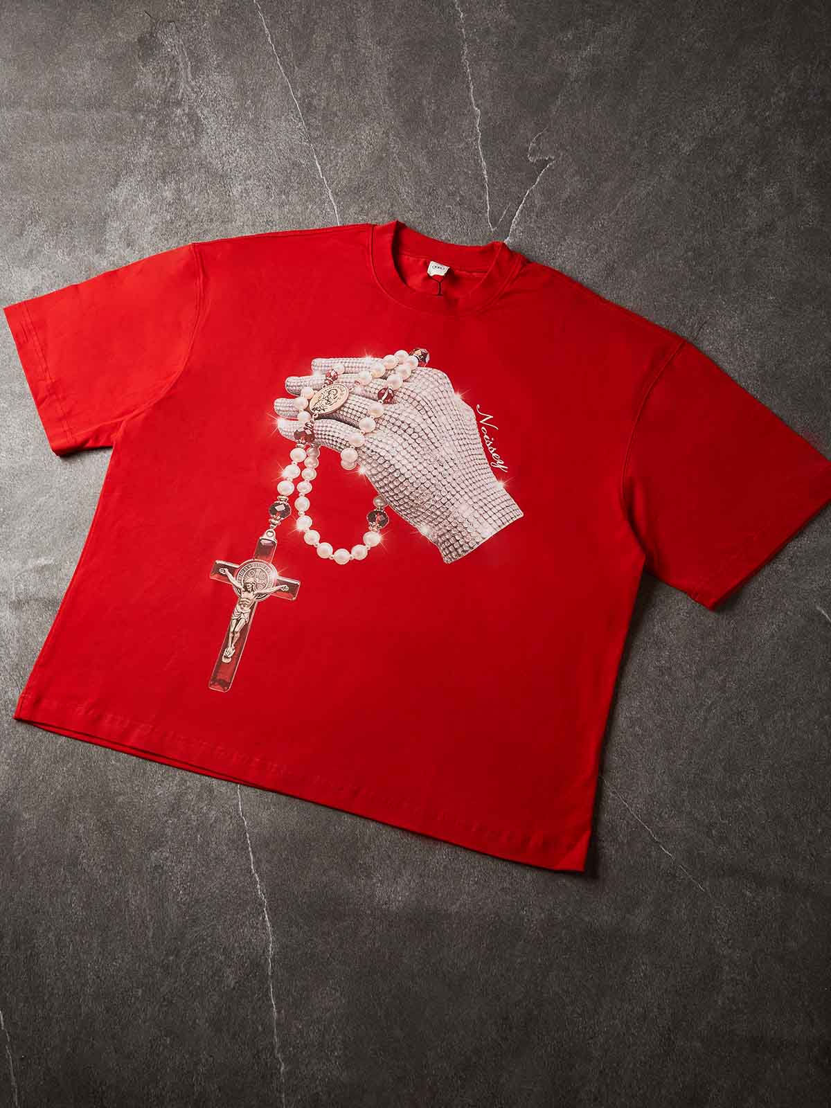 NOISSEY "Devotion Globe" Iced-Out Rhinestone Glove Sacred Pearl Rosary Heavyweight Boxy Tee