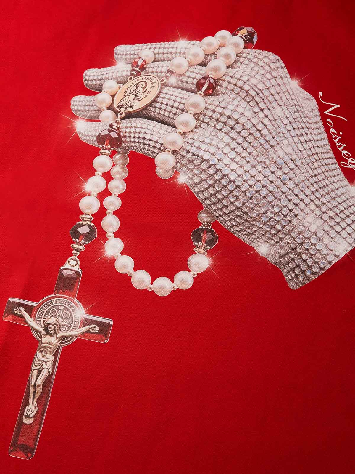 NOISSEY "Devotion Globe" Iced-Out Rhinestone Glove Sacred Pearl Rosary Heavyweight Boxy Tee