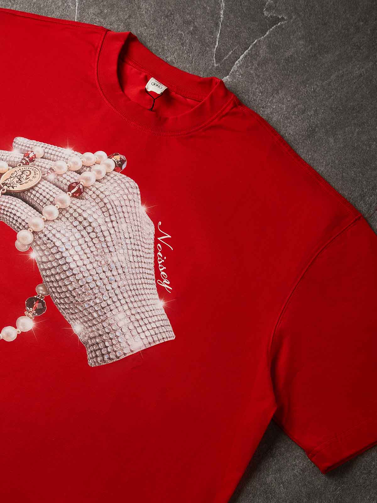 NOISSEY "Devotion Globe" Iced-Out Rhinestone Glove Sacred Pearl Rosary Heavyweight Boxy Tee