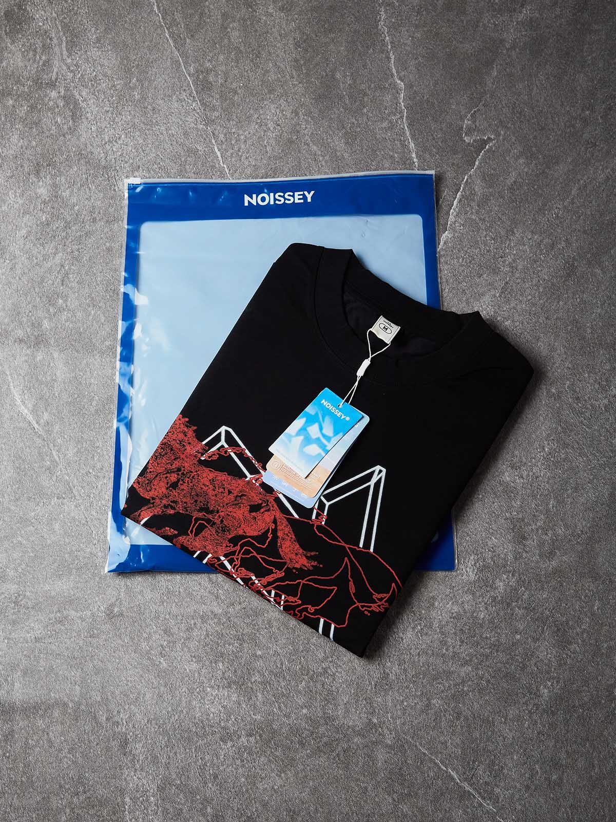 NOISSEY "Chrono Geometry" Overlapping Crimson Outlined Horse Geometric Oversized Tee