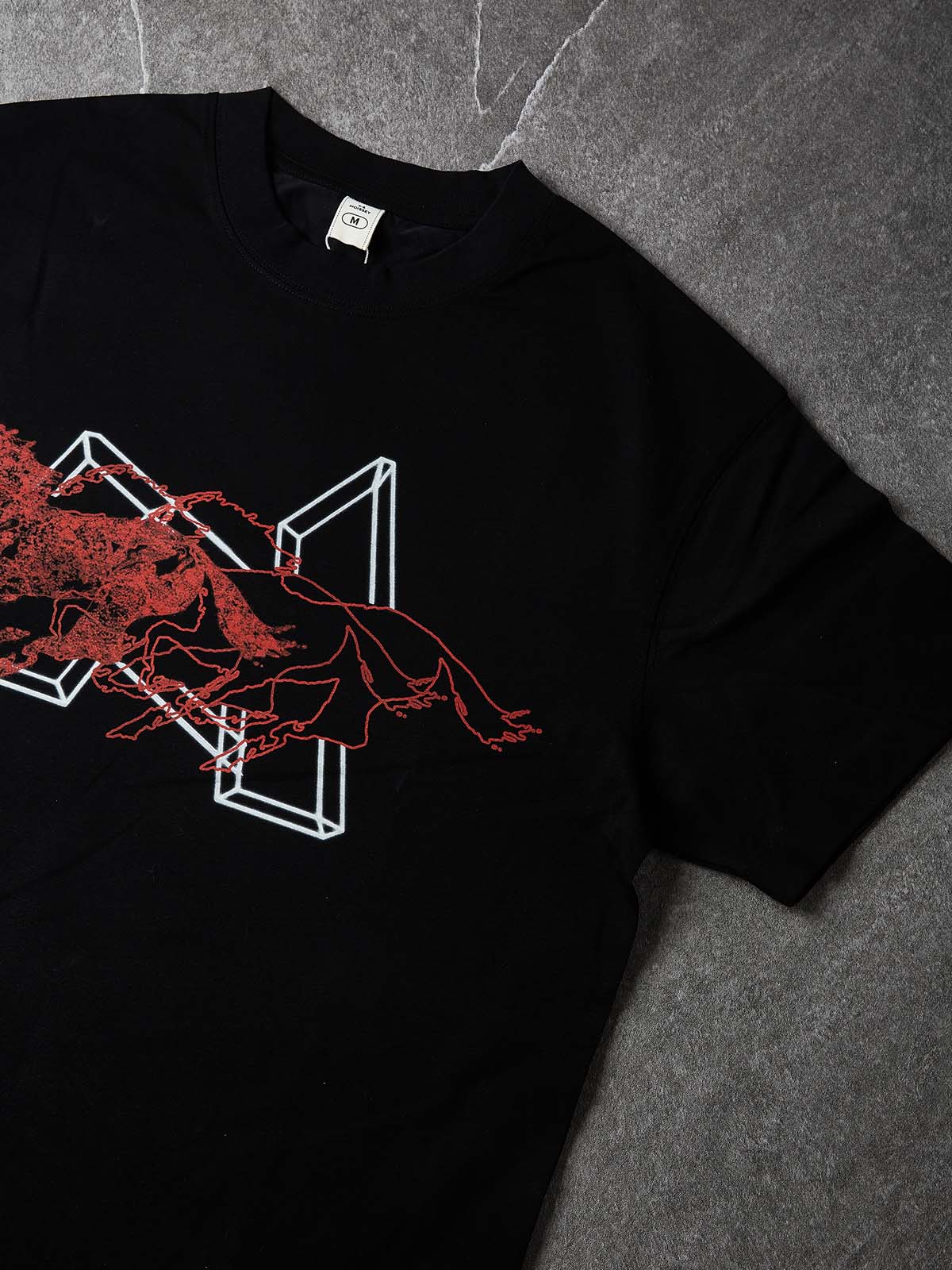 NOISSEY "Chrono Geometry" Overlapping Crimson Outlined Horse Geometric Oversized Tee