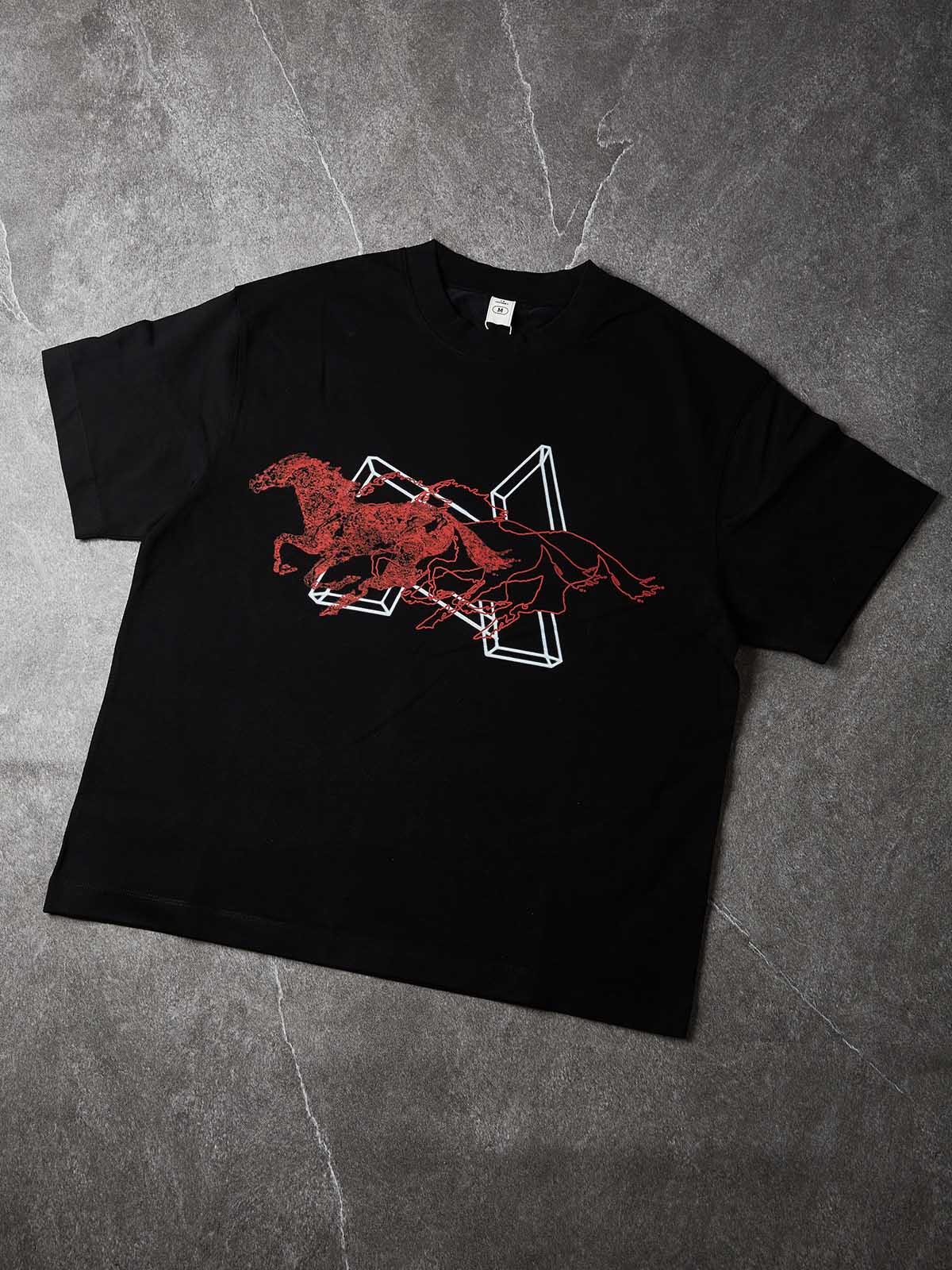 NOISSEY "Chrono Geometry" Overlapping Crimson Outlined Horse Geometric Oversized Tee