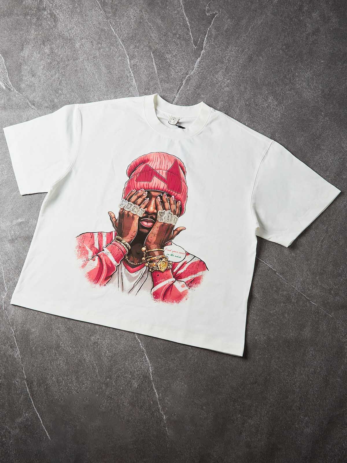 NOISSEY "Pink Beanie" Comic Portrait Iced-Out Hand Graphic Boxy T-Shirt