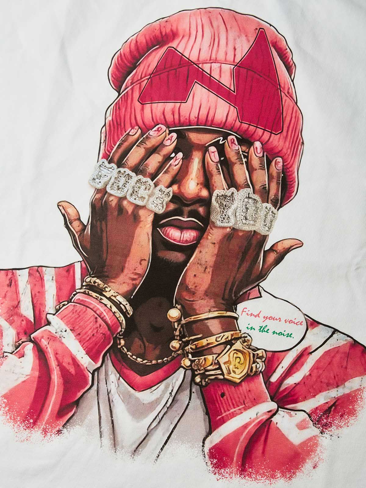 NOISSEY "Pink Beanie" Comic Portrait Iced-Out Hand Graphic Boxy T-Shirt