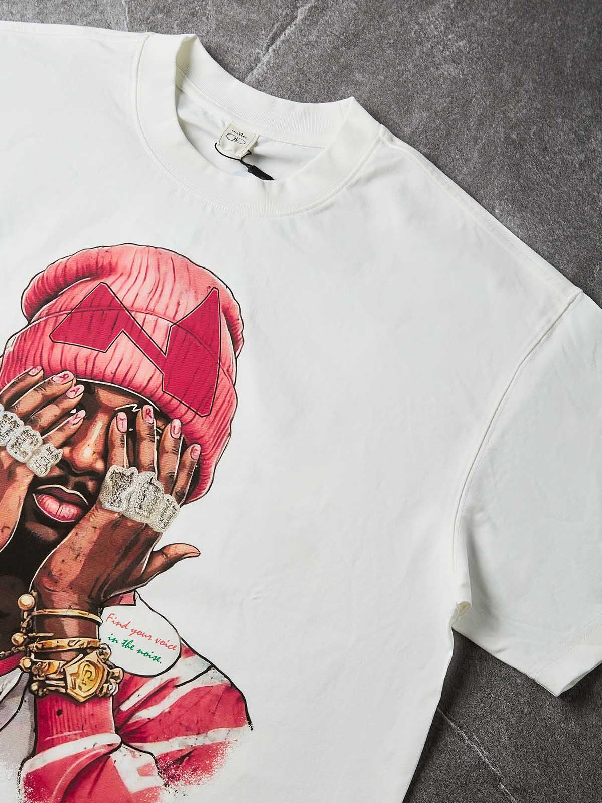 NOISSEY "Pink Beanie" Comic Portrait Iced-Out Hand Graphic Boxy T-Shirt
