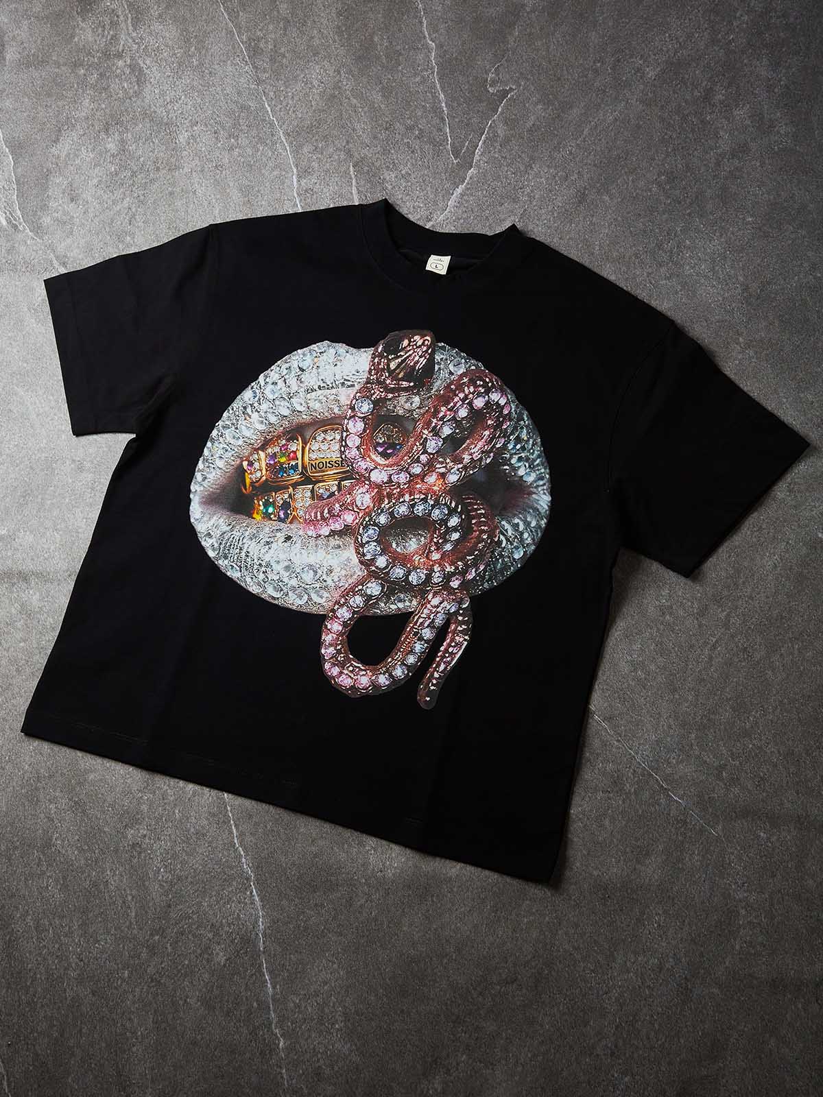 NOISSEY "Diamond Lips & Python" Grillz & Pink Rhinestone Snake Graphic Oversized Tee