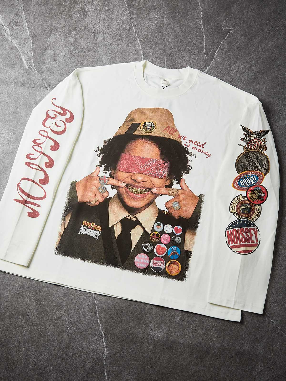 NOISSEY "Money Scout" Blindfolded Grillz Boy Asymmetric Sleeve Graphic Shirt