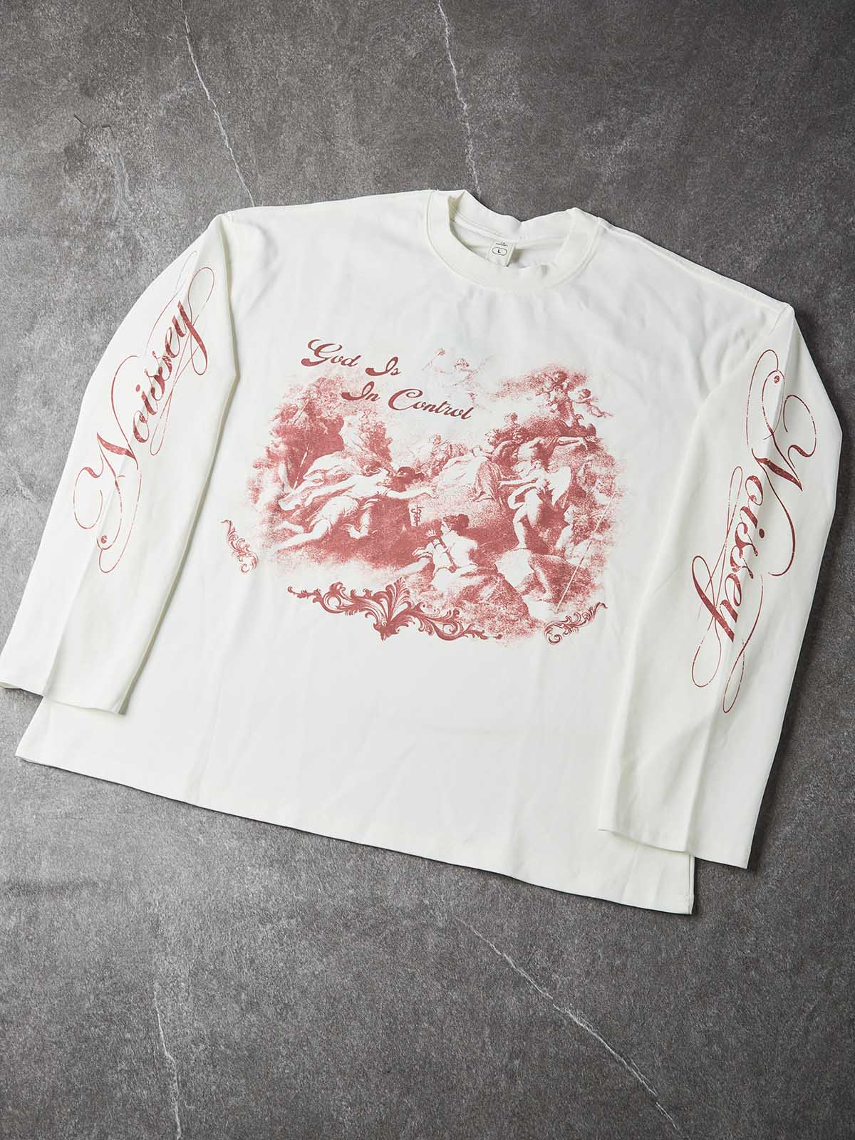 NOISSEY "God Is In Control" Vintage Crimson Angel Oil Painting Graphic Long Sleeve Sweatshirt