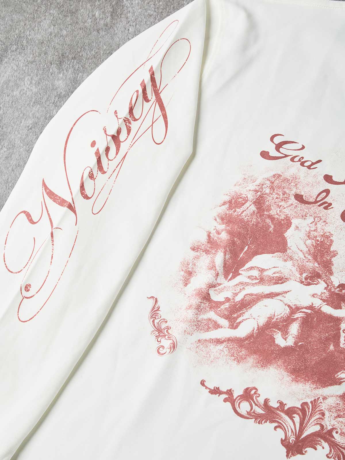 NOISSEY "God Is In Control" Vintage Crimson Angel Oil Painting Graphic Long Sleeve Sweatshirt