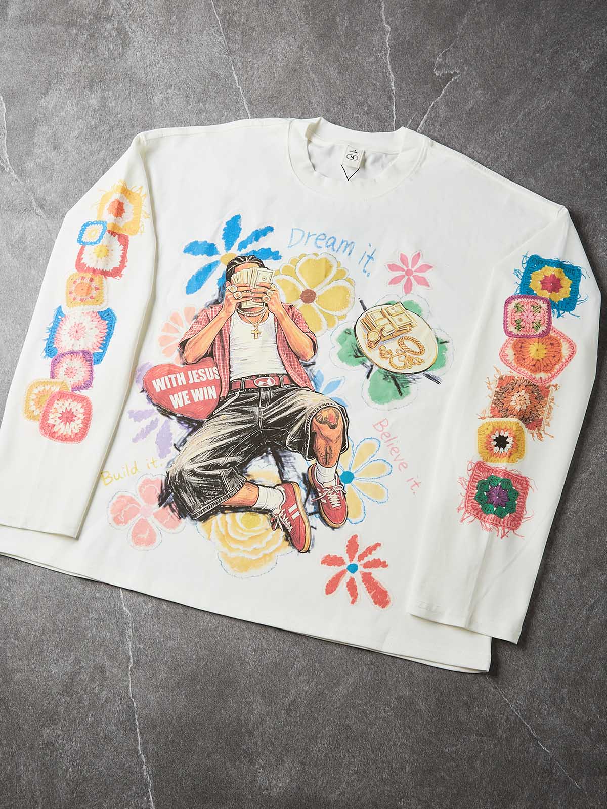 NOISSEY "Dream & Win" Fake Crochet Patchwork Floral & Cash Portrait Graphic Long Sleeve Tee Two Colors