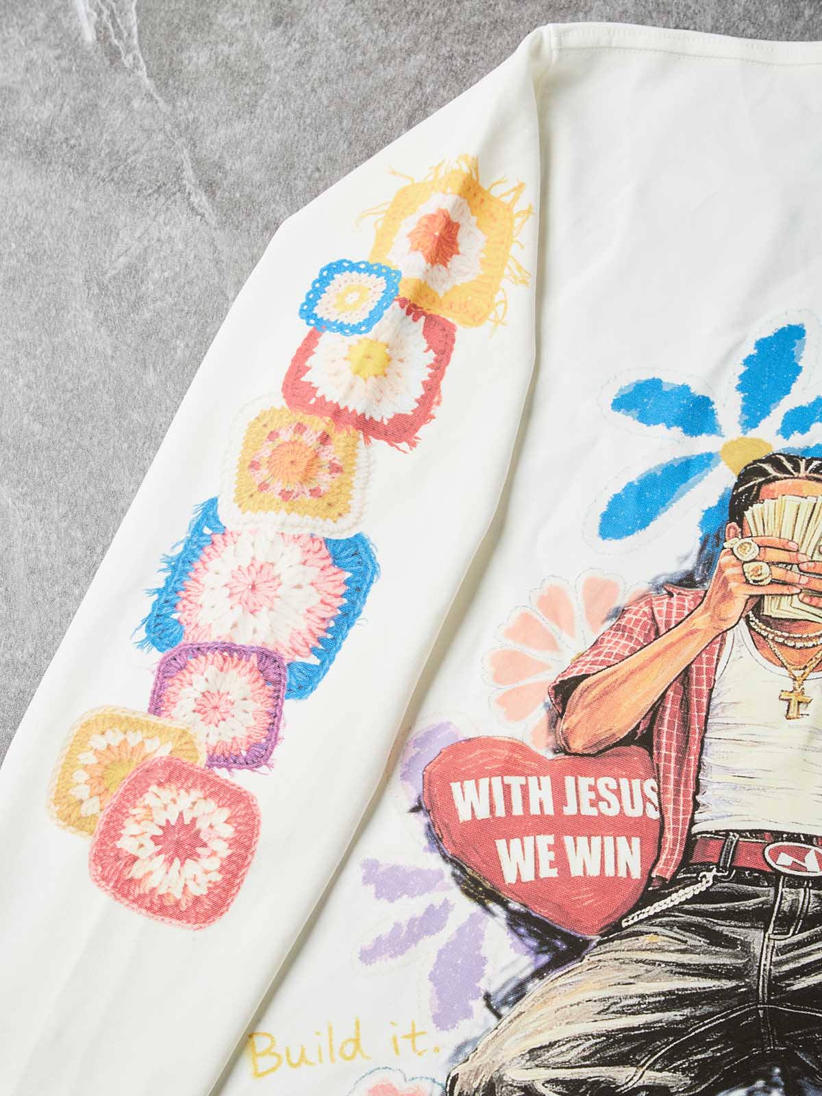 NOISSEY "Dream & Win" Fake Crochet Patchwork Floral & Cash Portrait Graphic Long Sleeve Tee Two Colors