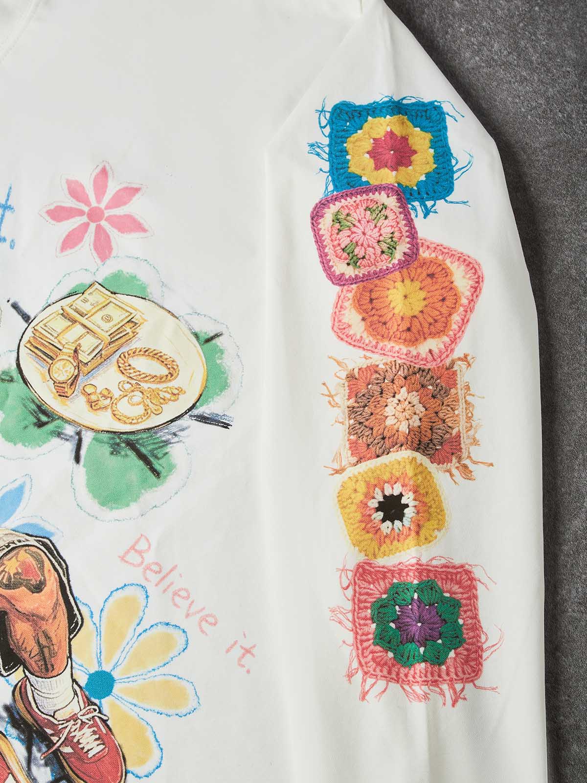 NOISSEY "Dream & Win" Fake Crochet Patchwork Floral & Cash Portrait Graphic Long Sleeve Tee Two Colors