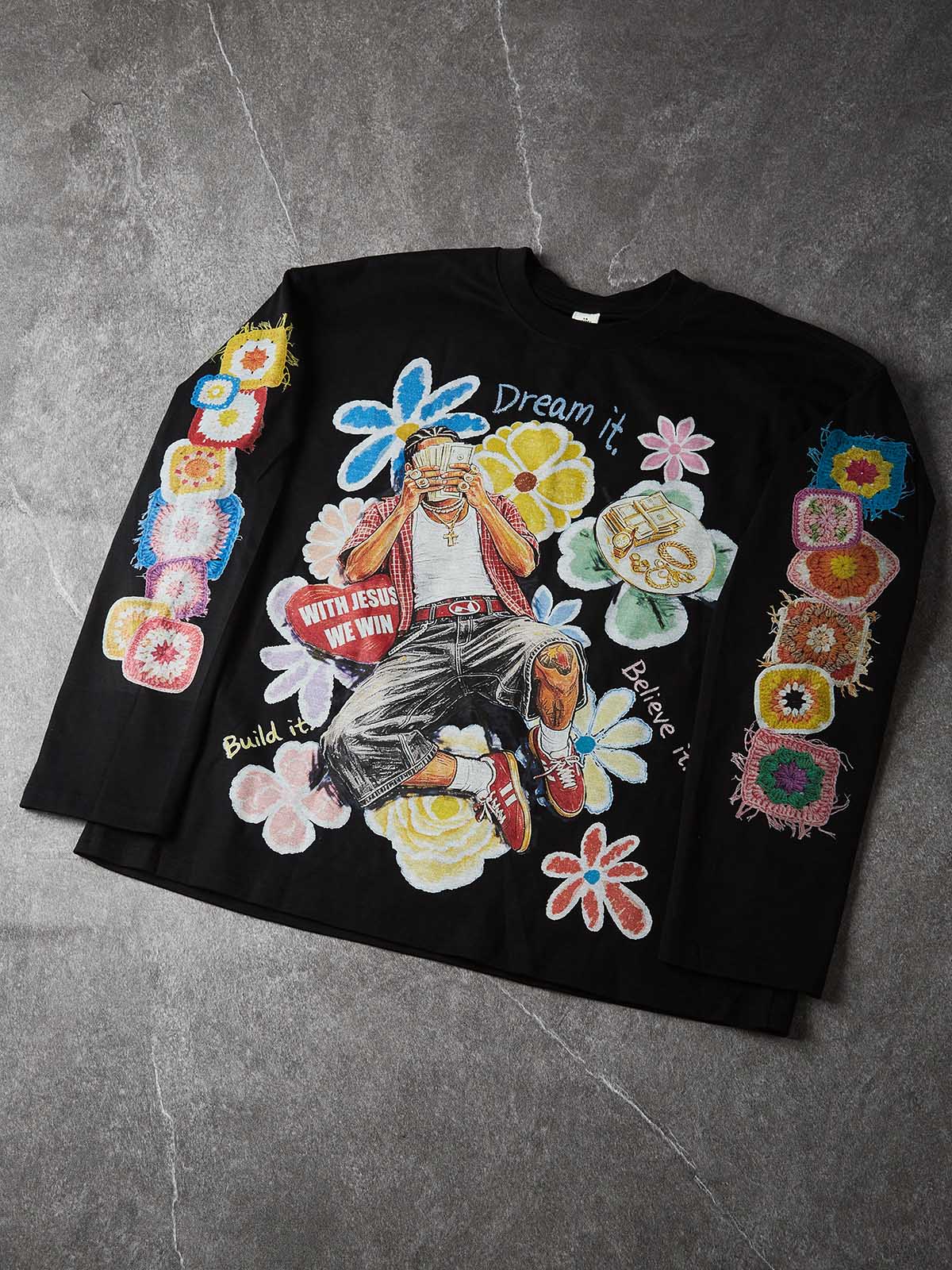 NOISSEY "Dream & Win" Fake Crochet Patchwork Floral & Cash Portrait Graphic Long Sleeve Tee Two Colors