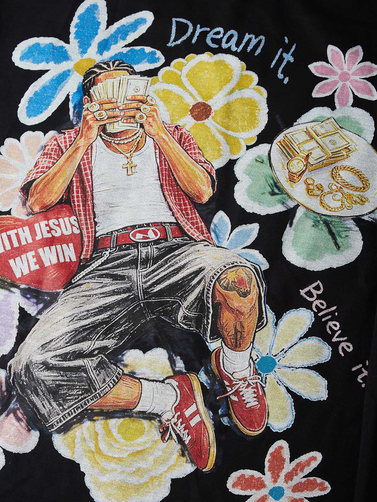 NOISSEY "Dream & Win" Fake Crochet Patchwork Floral & Cash Portrait Graphic Long Sleeve Tee Two Colors
