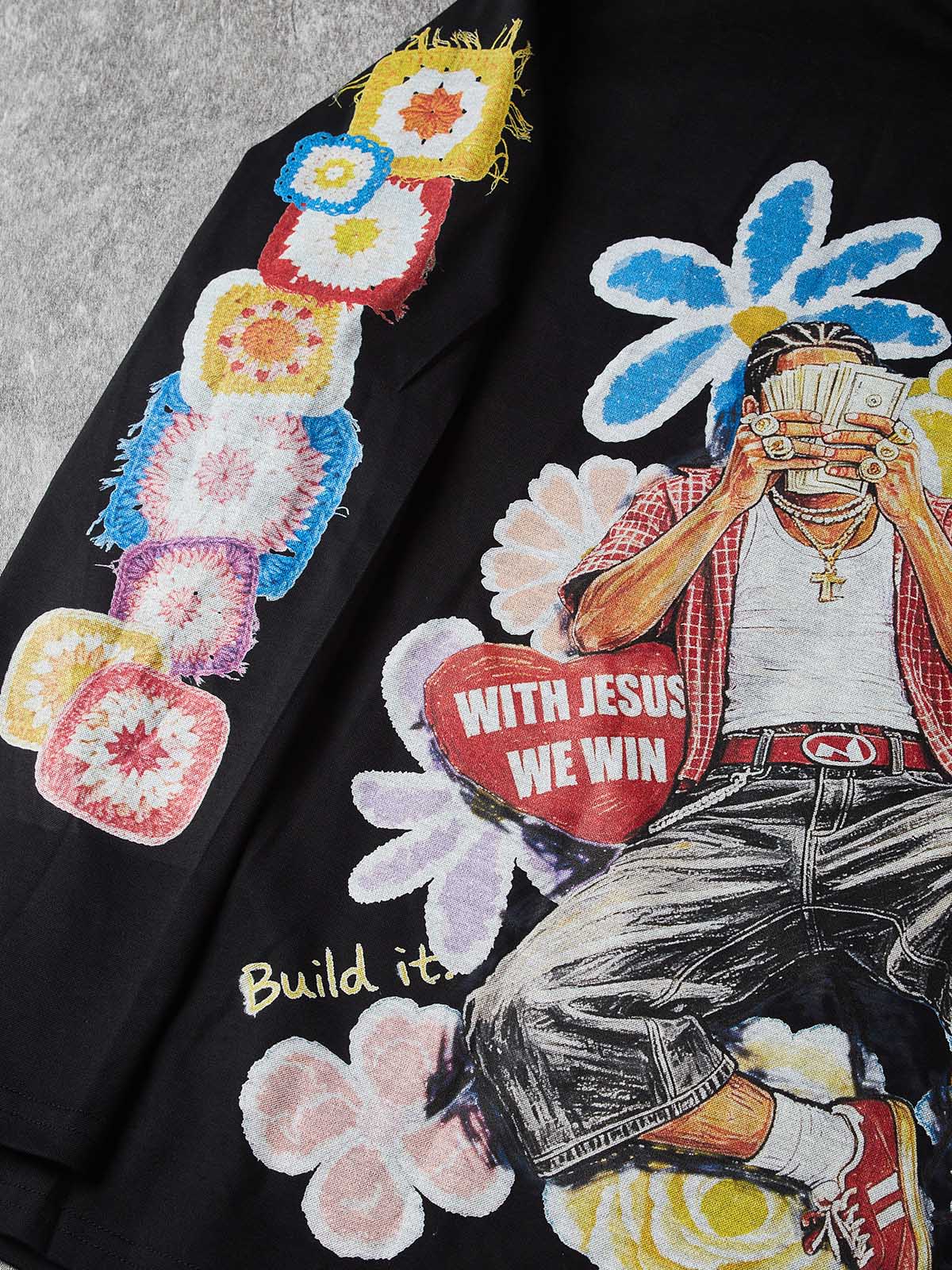 NOISSEY "Dream & Win" Fake Crochet Patchwork Floral & Cash Portrait Graphic Long Sleeve Tee Two Colors